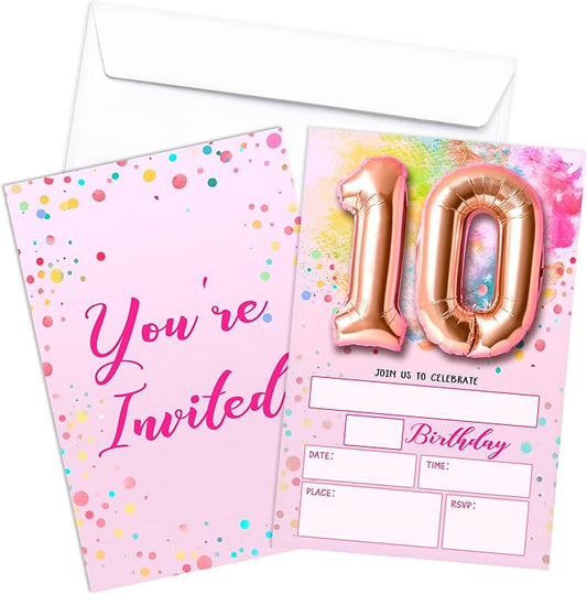 Rose Pink Balloon Birthday Invitations, 10th Surprise Birthday Party Invitations Cards with Envelopes, Confetti Polka Dot Fill-in Invites, 10th Pink Birthday Decorations for Girls -06