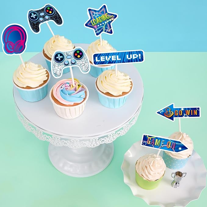 WERNNSAI 35 PCS Video Game Cupcake Toppers - Gaming Cake Toppers Game Birthday Party Cake Decorations for Kids Boys Gamer Cupcake Toppers Game Party Favors Supplies Gaming Night Party Cake Decors