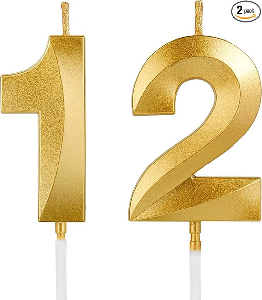 Birthday Candles, 1.96 Inch Number 12 Happy Birthday Candles, Number Candles Decoration for Birthday Party and Anniversary Celebration(Champagne Gold)