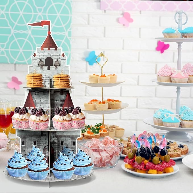 Medieval Knight Cupcake Stand 3 Tiers Castle Birthday Party Cardboard Cupcake Holder Decorations Knight Dessert Tower Party Supplies for Kids Birthday Baby Shower Gender Reveal decoration