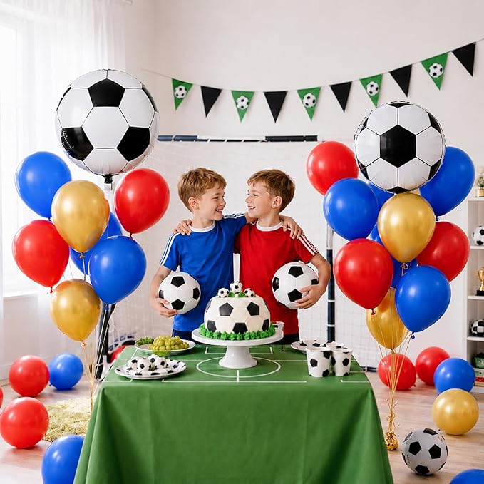Soccer Balloons, 12 Inch Red and Blue Metallic Gold Latex Balloons with Soccer Ball 4D Foil Balloon for Boys Kids Sport Theme Birthday Decorations Football Lover Men Party Baby Shower Decor Supplies