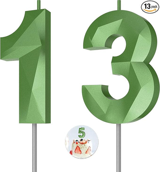 Number Birthday Candles(13 Candle Green) 3D Diamond Shape Number Happy Birthday Cake Candles for Birthday Party Wedding Decoration Reunions Theme Party