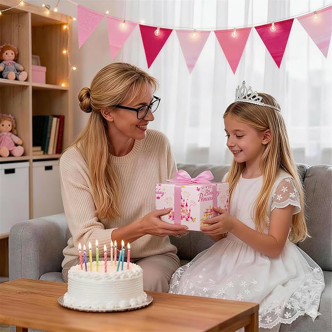 WERNNSAI Princess Castle Wrapping Paper - 1 roll 17”x33ft Happy Birthday Wrapping Paper Roll for Kids Girls Pink Carriage Castle Gift Wrap Roll Princess Theme Party Favor Polka Design