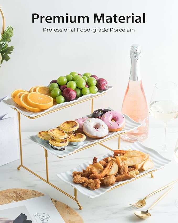 LAUCHUH 3 Tier Trays Stand, Porcelain Serving Trays Collapsible Sturdier Stand Serving Platters Dessert Table Display Set for Indoor Father's Day Party, Entertaining, Gold, 12.2 Inch