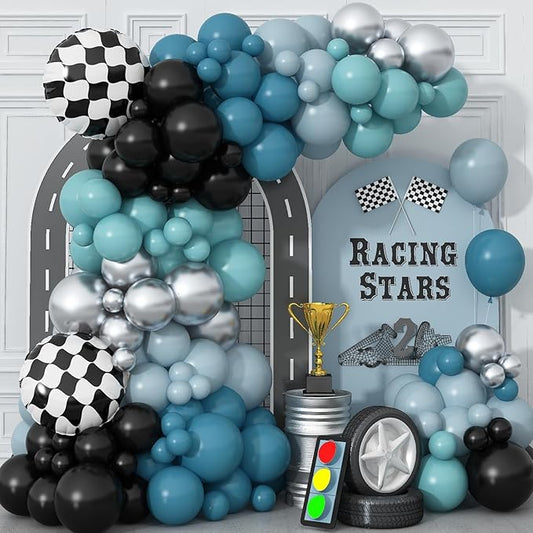Race Car Balloons Garland Arch Kit, Dusty Blue Balloons Green Black Balloon Pale Blue Metallic Silver Balloon Arch Kit with Checkered Foil Balloon for Car Fast Birthday Baby Shower Party Decorations