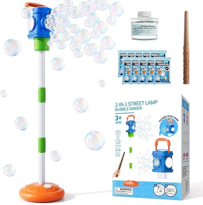 2-in-1 Remote Street Lamp Bubble Machine for Kids 3-6 4-8 Years Old Summer Outdoor Bubble Maker Toys with Lights for Boys and Girls 3 4 5 6 7 8+ Birthday Wedding Party Gifts