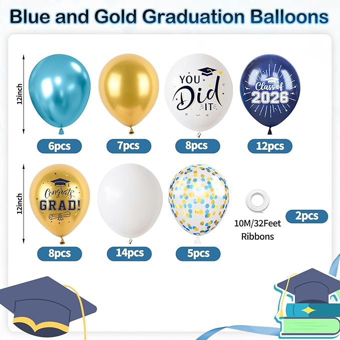Blue and Gold Graduation Balloons, 60PCS Congrats GRAD Printed Balloon, 12 Inch Navy Blue White Metallic Blue Gold Confetti Latex Party Balloons Helium for Class of 2026 Graduation Party Decorations