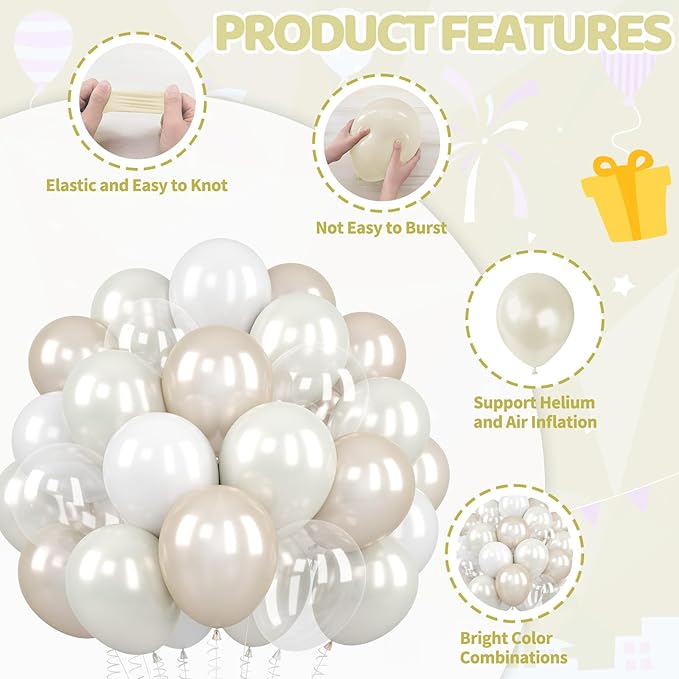 Pearl White Balloons Set, 60PCS Double Stuffed Pearl Balloons, 12 Inch Ivory Sand White Latex Transparent Clear Balloon Helium for Birthday Wedding Engagement Bridal Baby Shower Party Decorations
