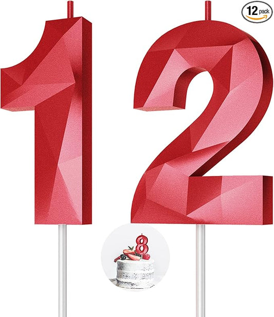 Number Birthday Candles(12 Candle Red) 3D Diamond Shape Number Happy Birthday Cake Candles for Birthday Party Wedding Decoration Reunions Theme Party