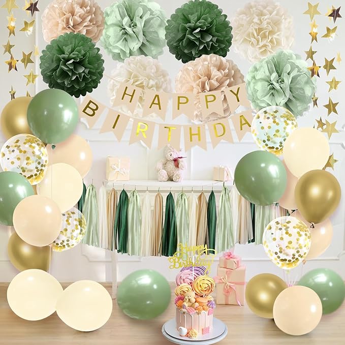 ELTNEGSA Sage Green Birthday Party Decorations with Banner, Tissue Tassels, Paper Pompoms, Balloons, Star Garland, Cake Topper
