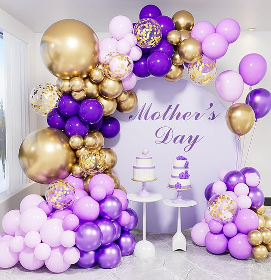 Purple and Gold Balloon Arch Kit, 132Pcs Mothers Day Balloon Arch Kit, Multi-Size Purple Gold Confetti Balloons, Party Balloons for Mothers Day Decorations, Bridal Shower, Birthday, Wedding Backdrop