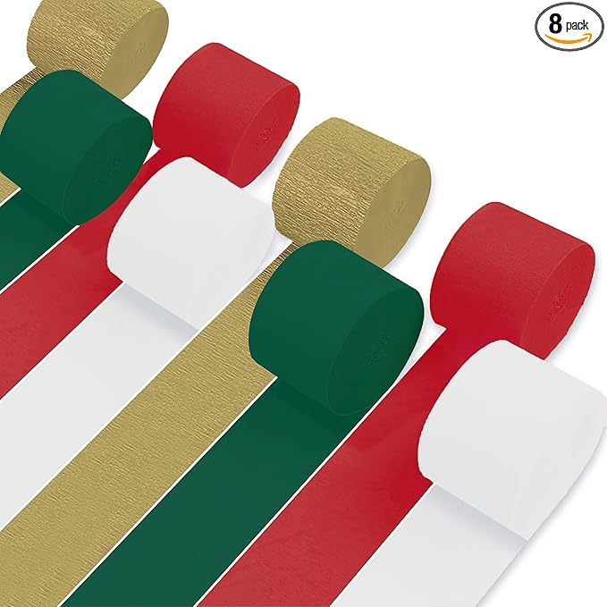 8 Rolls Christmas Crepe Paper Streamers Red Green Gold and White Streamers for Christmas Party Decorations Birthday Baby Shower Gender Reveal Wedding Graduation Party Decorations DIY Crafts