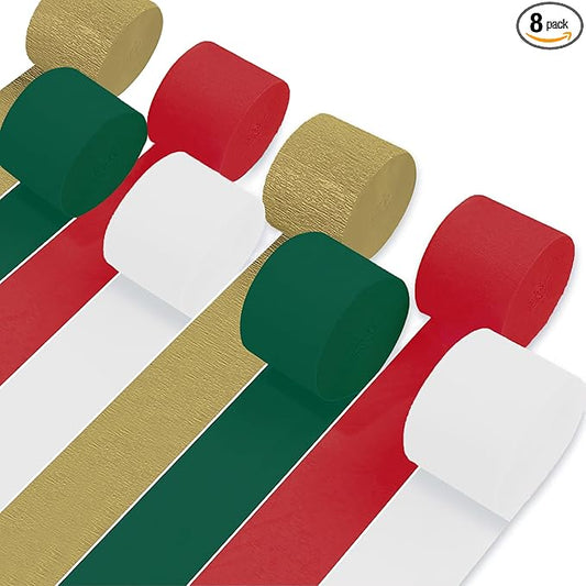 8 Rolls Christmas Crepe Paper Streamers Red Green Gold and White Streamers for Christmas Party Decorations Birthday Baby Shower Gender Reveal Wedding Graduation Party Decorations DIY Crafts