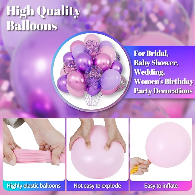 68pcs Pink and Purple Balloons, 12 Inch Metallic Purple Pink Confetti Latex Balloons with Ribbon, Party Balloons for Girls Birthday Baby Shower Wedding Party Decorations