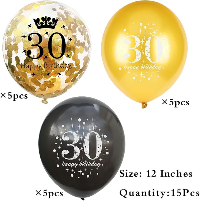 SHUNTAI 30th birthday balloons for Him Her Gold and Black 30th Birthday Decorations Latex Gold Confetti Balloon 30 Years Old Anniversary Theme Happy Birthday Party Supplies 15 Pack 12 inch