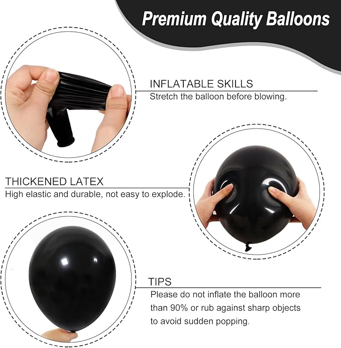 RUBFAC 135pcs Black Balloons Different Sizes 18 12 10 5 Inch for Garland Arch, Latex Balloon for Halloween Party Birthday Wedding Decorations