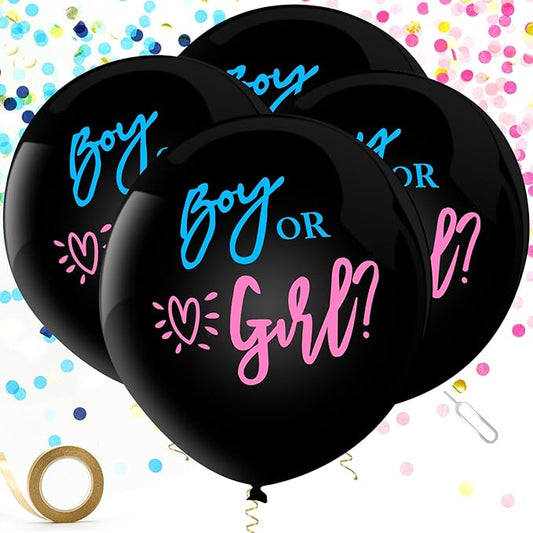 Yadiana 4Pcs Gender Reveal Balloons, 36 Inch Jumbo Baby Gender Reveal Confetti Balloons Black Boy or Girl Balloon with Blue Pink Confetti for Baby Shower Party Decorations