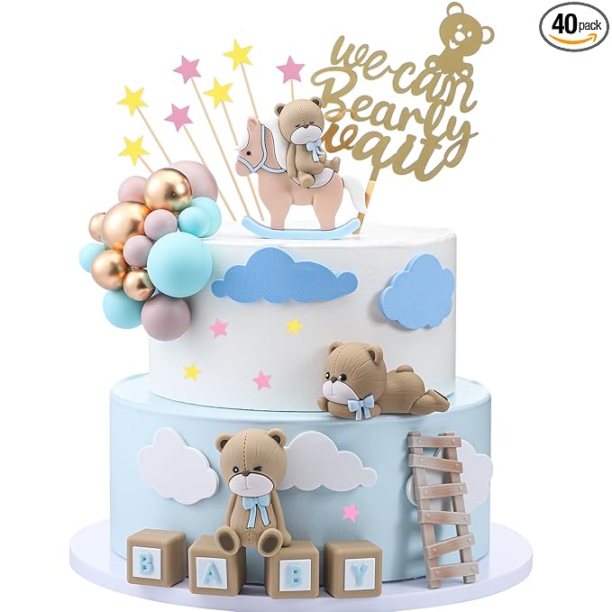 Yinder Bear Cake Toppers Mini Bear Cake Decorations Cake Toppers Gold White Pearl Ball for Birthday Party Decorations(Vivid Color,Vibrant Style)
