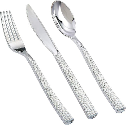 Supernal 180Pcs Silver Plastic Silverware Set, Elegant Hammered Design Heavy Duty Disposable Cutlery, Includes 60 Forks, 60 Knives, 60 Spoons,Silver Plastic Utensils for Wedding, Parties,Events