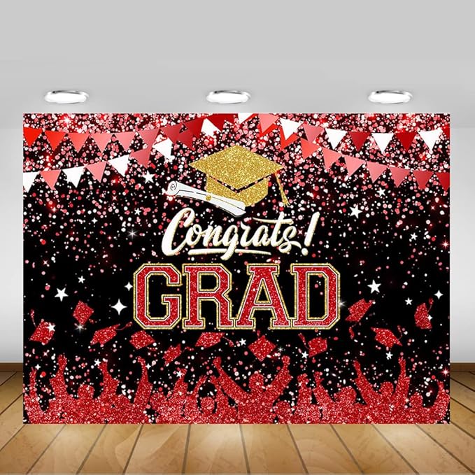 Mocsicka Graduation Party Decorations 2026 Congrats Grad Backdrops for Photography Bachelor Cap Congratulations Grad Photo Backdrop Graduation Prom Party Supplie (Red, 7x5ft (82x60 inch))