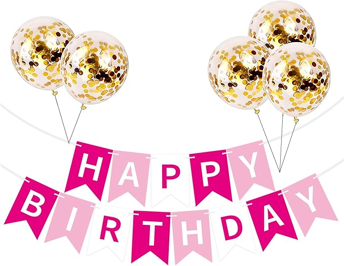 Happy Birthday Banner Sign Bunting Hanging Decorations with Shiny Gold Balloons Birthday Party Sign Decor for Party Supplies(Pink+White)
