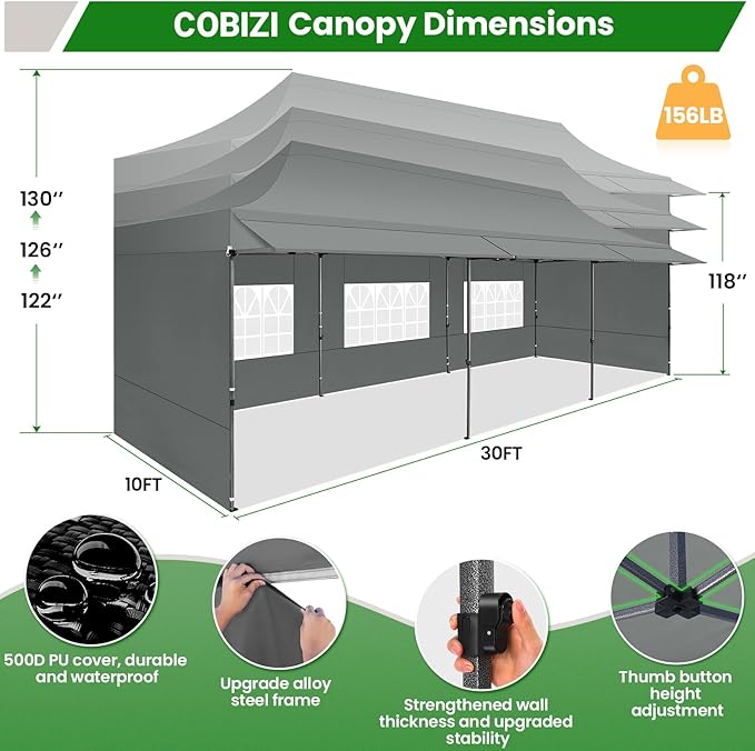 COBIZI 10X30 Pop Up Canopy Tent Heavy Duty with Sidewalls, Outdoor Commercial Canopy with Awning, Waterproof&69 SF Extended Awning, Vendor Tent for Market, Party Events, Grey