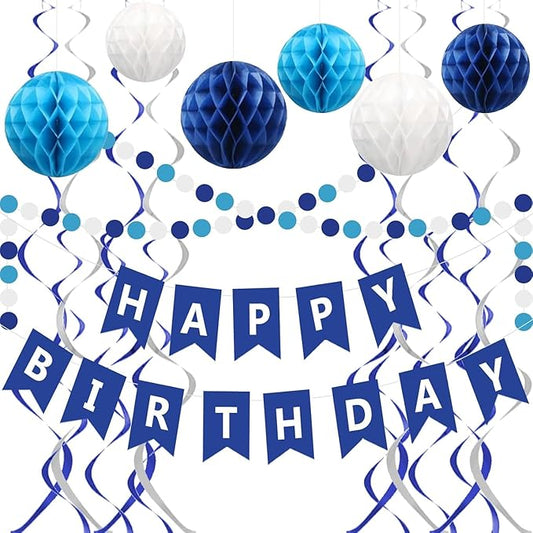 Blue Birthday Decorations Banner Navy Blue Happy Birthday decorations with 6 Honeycomb Balls,6 Metallic Hanging Swirls and Circle Dot Garland Decroations for boys men Birthday Party Decorations