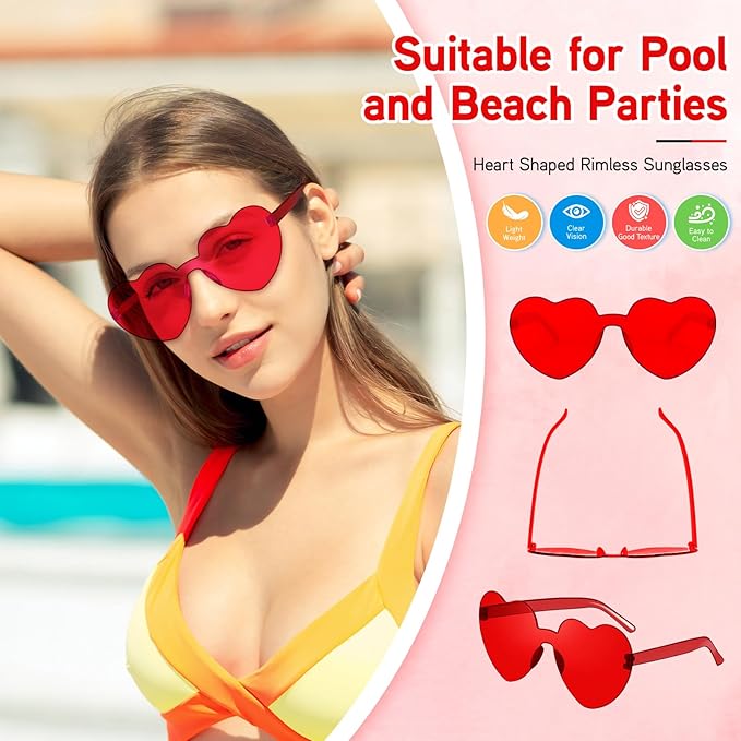 14/42 Pack Heart Sunglasses for Women, Fun Cute Rimless Transparent Candy Color Heart Glasses Party Favors