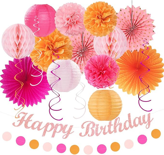 Hot-Pink Orange Fall Birthday Party-Decorations - 21pcs Autumn Women Peach Happy Banner,Girls Groovy Paper Streamers Lanterns Honeycomb,Tissue Flowers Pom Poms Fan, Boho Garland Room Decor