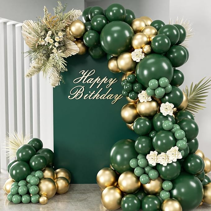 Green and Gold Balloon Arch Kit, Dark Emerald Green Hunter Forest Sage Green Metallic Gold Balloon Garland kit, 18 12 10 5 Inch Balloons for Birthday Wedding Jungle Safari Party Decorations