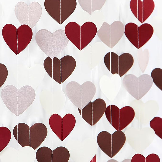 Boho Wedding Bridal-Shower Party-Decorations Heart-Garland - 52Ft Fall Autumn Brown Burgundy Dusty-Pink Paper Streamers Banner,Birthday Baby Engagement Bachelorette Valentines Decor Lasting Surprise