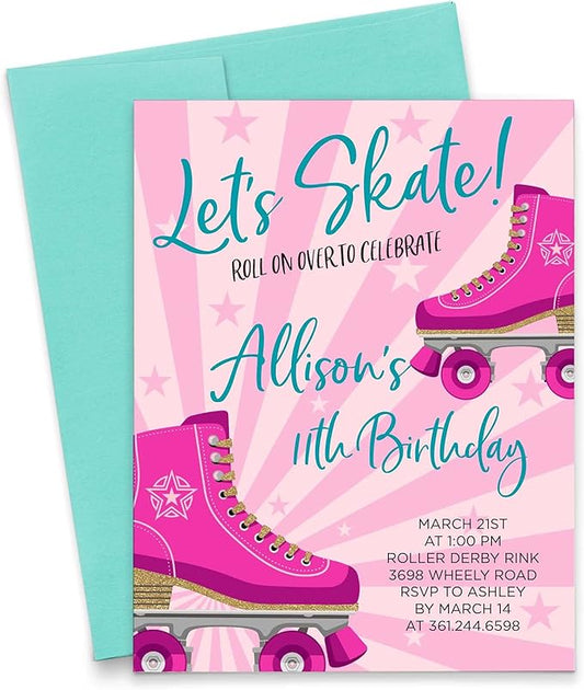 Modern Pink Paper Personalized Roller Skating Birthday Invitations for Girls, Your choice of Quantity, Age, Info and Envelope Color