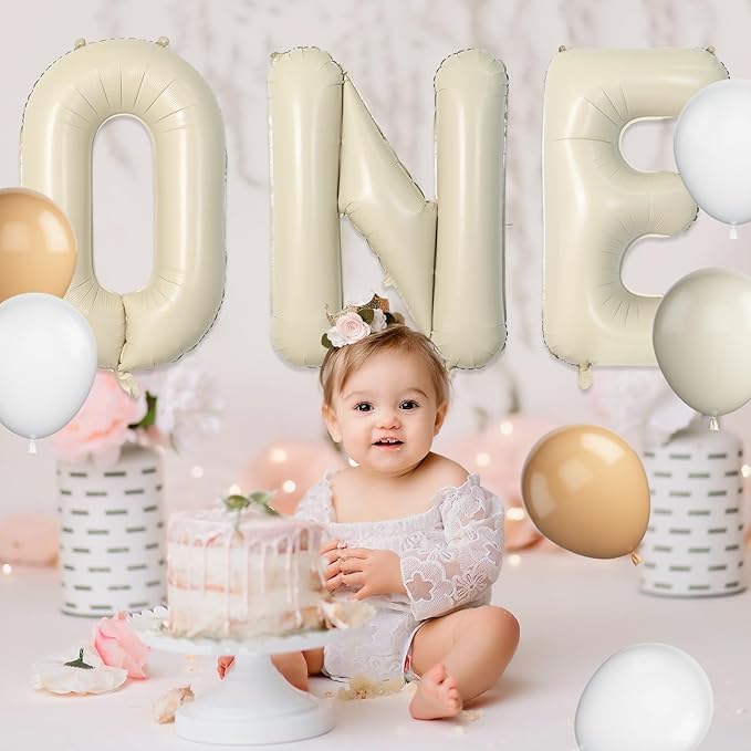 Biapian 40 Inch One Letter Balloons, Big Cream ONE Foil Balloons, 3 Pcs Giant Foil Large Aluminum Balloon Helium for Anniversary First One Year Old Girl and Boy 1st Birthday Party Decoration (Cream)