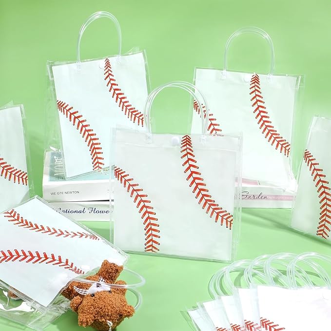 Lonfliness 24Pcs Baseball Clear PVC Gift Party Bags with Handles Bulk Sport Goodie Treat Candy Bags Baseball Present Bags for Boys Birthday Party Favor Baby Shower Decorations Supplies 8 x 8 x 3in