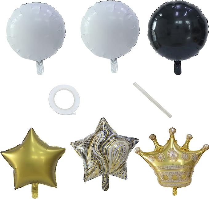 Tableclothsfactory Set of 6 | Gold/Black Marble Mylar Foil Party Balloon Set, Star, Round and Crown Balloon Bouquet with Ribbon, Party Decorations