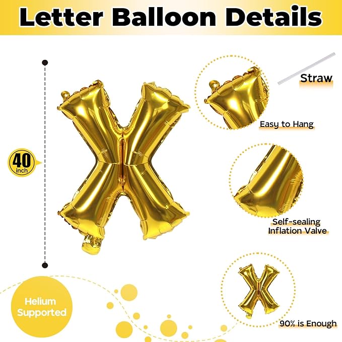 Giant X Alphabet Balloon Letters, Gold Self Inflating Custom Letter Balloons Birthday Decor, 40 Inch Helium Mylar Foil Name Word Balloons for Girls Men Anniversary Party Graduation Decoration Supplies