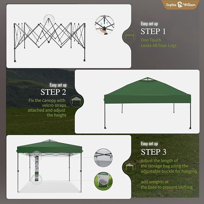 Sophia & William Canopy Tent Pop Up 10x10 ft, One Person Push Set Up Tent, Outdoor Canopies Shelter Heavy Duty Straight Legs with 4 Sandbags & Guy Ropes, 1 Roller Bag & Storage Bag, 8 Stakes, UPF50+