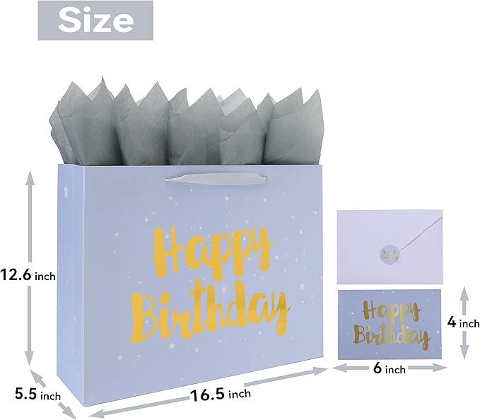 Qirrmiy 16.5” Extra Large Gray Happy Birthday Gift Bag Set with Handles, Greeting Card, Tissue Papers and Stickers for Men Boys Women Girls Kids, Stars Design, 1 Pcs.