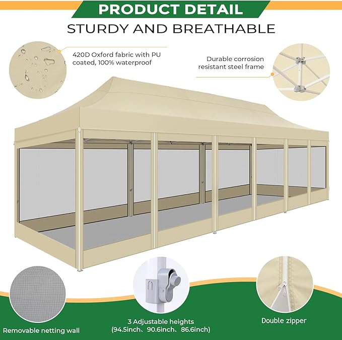 COBIZI 10x30 Heavy Duty Pop Up Canopy Tent with 8 Sidewalls, Easy Set Up Outdoor Waterproof Screen Commercial Party Tent with Mosquito Netting for Parties Backyard Patio, Roller Bag, Khaki