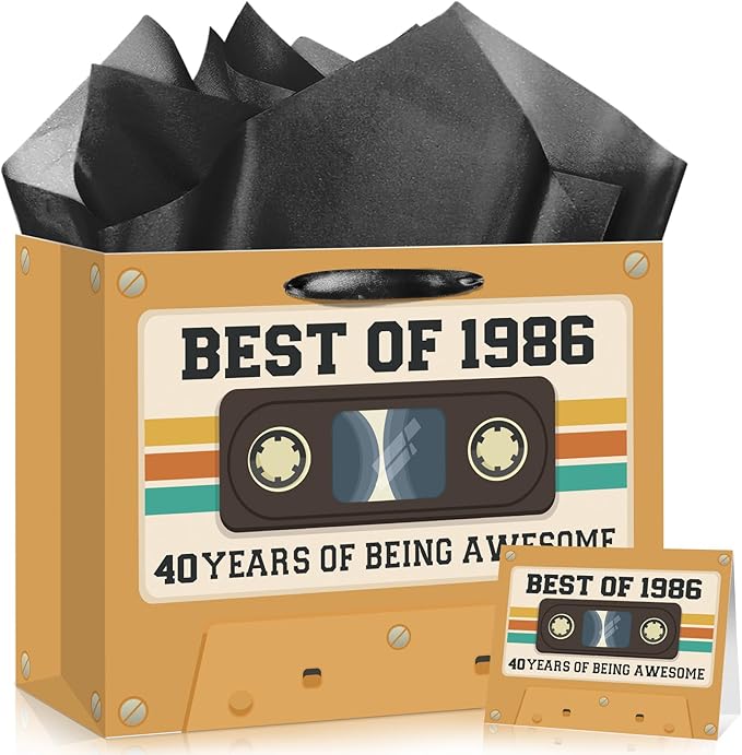 40th Birthday Gift Bag for Men Women Retro Tape 1986 Birthday Party Favor Bags with Tissue Paper and Card Brown Vintage Cassette 40 Years Old Gift Wrapping Bag Decorations for Mom Dad Friends Gifts