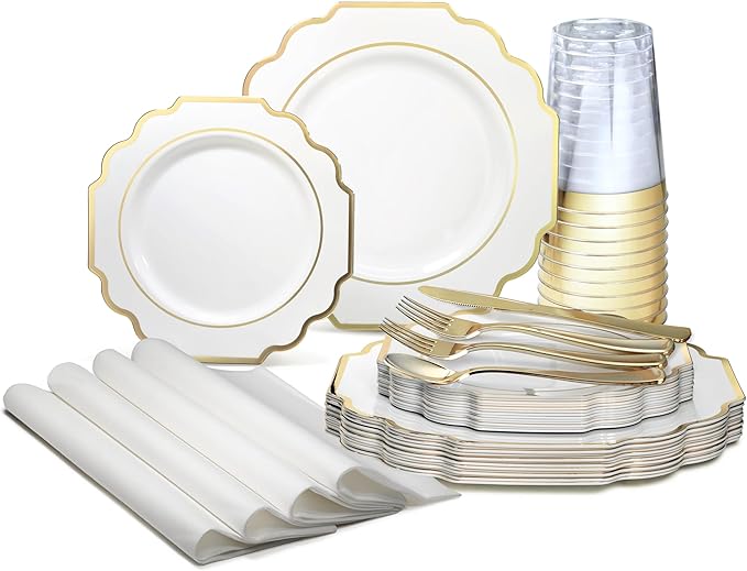 " OCCASIONS " 960 Piece set (120 Guests)-Heavyweight Wedding Party Disposable Plastic Plate Set - 120 x 10.5'' + 120 x 8'' + Silverware + Cups + Napkins (Imperial White & Gold)