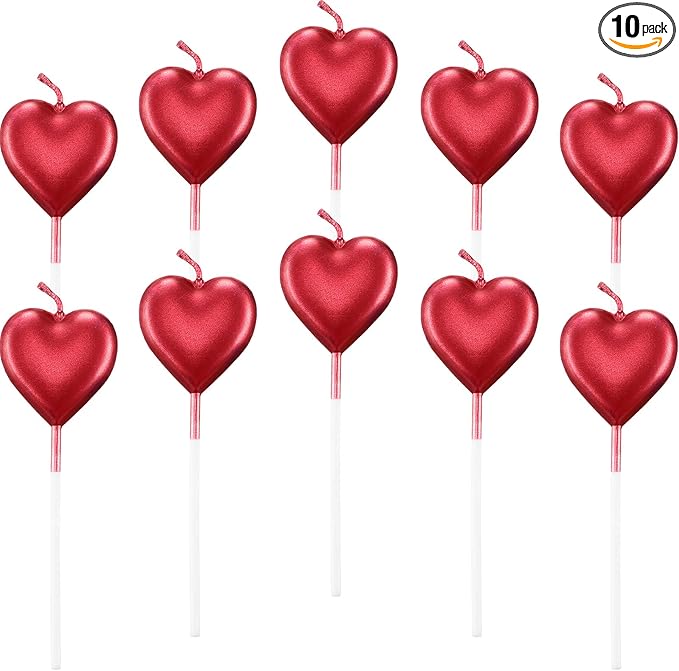 BBTO Metallic Heart Birthday Cake Candles Cupcake Topper Candles Cake Dessert Holders for Wedding, Anniversary, Romantic Night, Mother's Day, Party Decoration(10,Red)