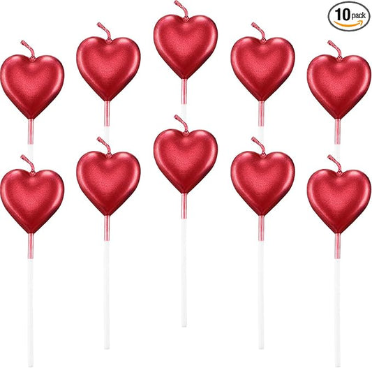 BBTO Metallic Heart Birthday Cake Candles Cupcake Topper Candles Cake Dessert Holders for Wedding, Anniversary, Romantic Night, Mother's Day, Party Decoration(10,Red)