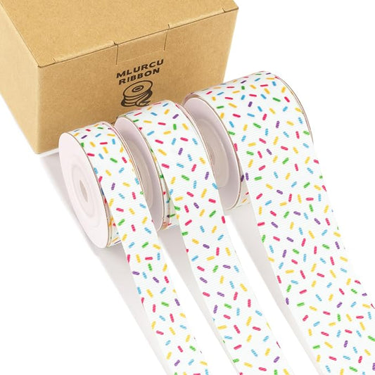 Candy Sprinkle Grosgrain Ribbon 3 Rolls Donuts White Colorful Sprinkle Ribbon 5/8", 7/8", 1.5" for Gift Wrapping, Birthday Donuts Theme Party, Baby Shower, Wreaths, Hair Bows, Banners, Candy Bags