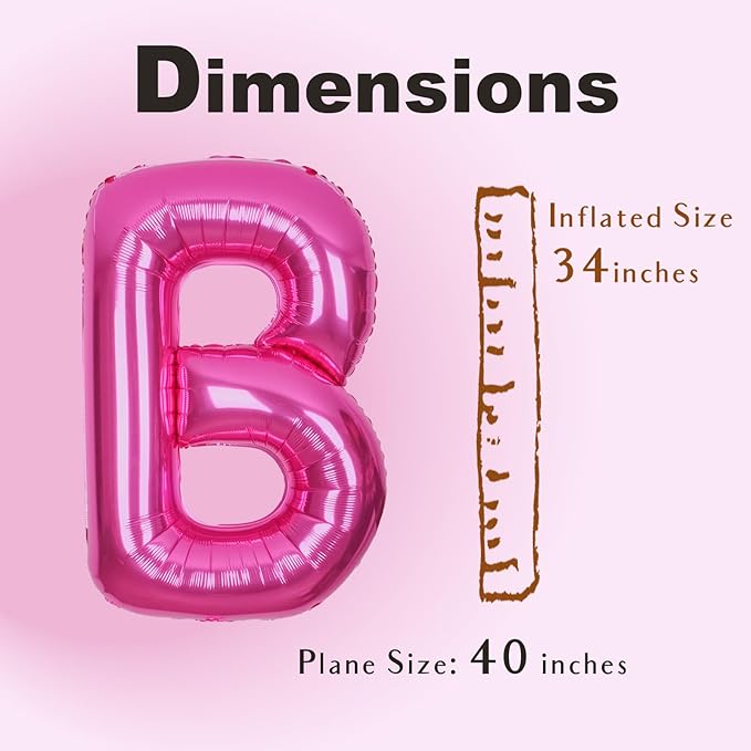 SUWEN 40 Inch Hot Pink Large B Letter Balloons Big Foil Helium Letter Balloons A-Z Jumbo Mylar Happy Birthday Party Decorations for Woman Anniversary Party Supplies