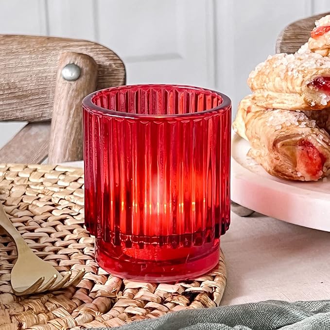 Kate Aspen 24PCS Vintage Ribbed Red Glass Tealight & Votive Candle Holders, Fall Decor, Boho Decor, Shelf Decoration for Wedding, Bachelorette, Bridal Shower & Anniversary