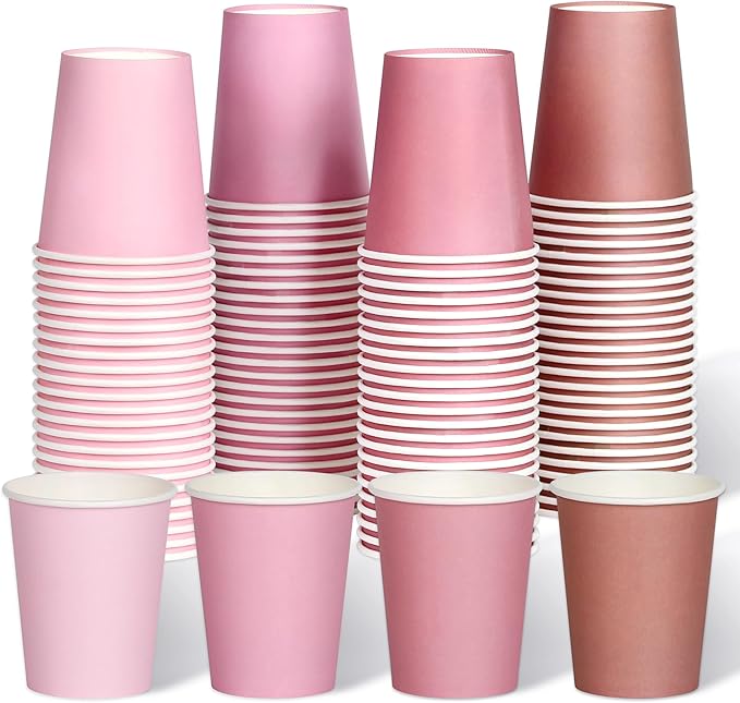 100 Pcs Disposable Paper Cups Gradient Pink Party Cups 8oz Coffee Water Juice Tea Drinking Cups for Holiday Wedding Birthday Bride Baby Shower Party Supplies, 4 Colors