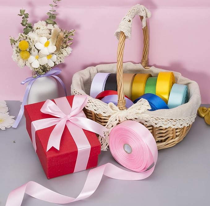 YASEO 1 Inch Pink Solid Satin Ribbon, 50 Yards Craft Fabric Ribbon for Gift Wrapping Floral Bouquets Wedding Party Decoration