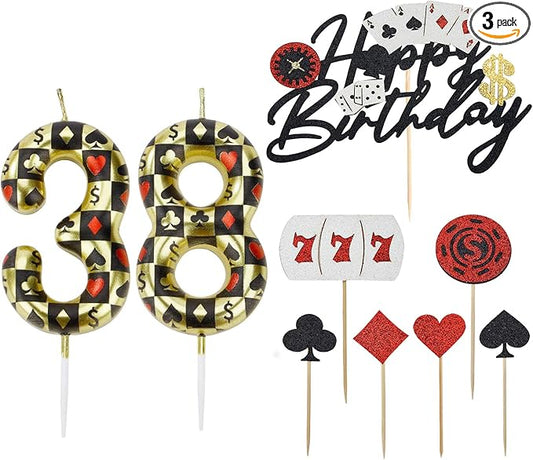 Casino Birthday Number Candles for Cake, Poker Birthday Candles for Casino Themed Birthday Party Decoration, Glitter Casino Birthday Cake Topper for Casino Night Theme Birthday Cake(Number 38 & 83)