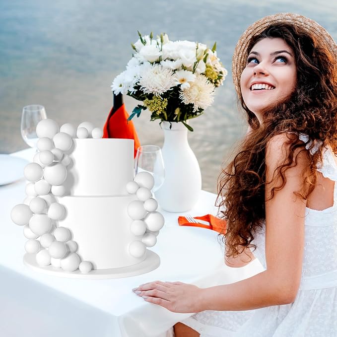 138 Pcs White Balls Cake Topper Decorations Balloon Cupcake Toppers Foam Multisize Cake Topper Balls for Birthday Party Wedding Anniversary